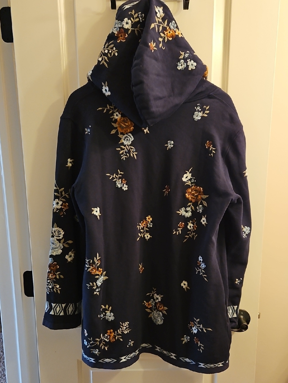 NWT DRIFTWOOD Navy Shelly Floral Embroidered Hooded Cardigan, XL, Eclectic - Picture 6 of 11